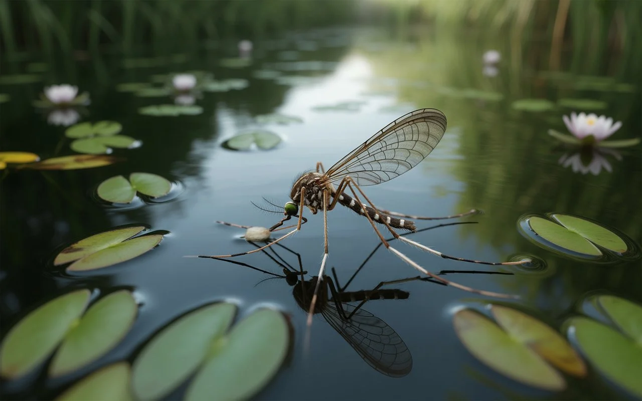 Peces medaka y mosquitos en estanques eliminando larvas