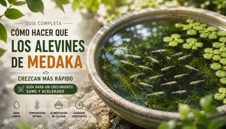 Alevines de medaka en un recipiente con plantas acuáticas para favorecer un crecimiento sano y rápido